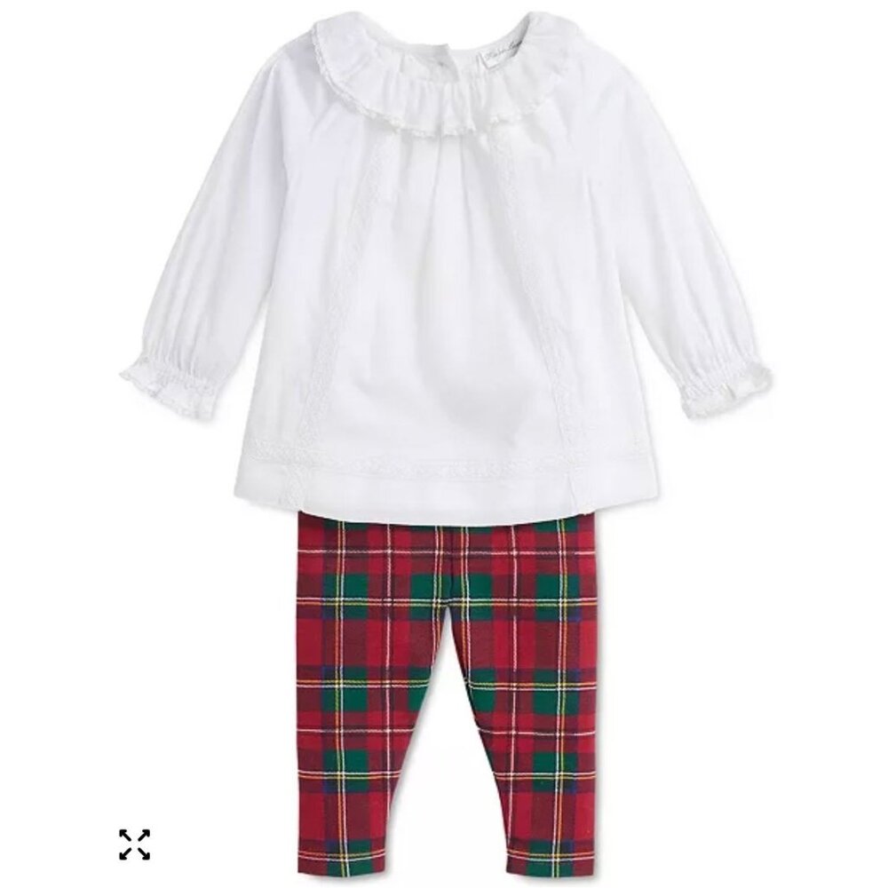 NWT Polo Ralph Lauren Baby Lace Trim Top Plaid Leggings Set Size 12M $75 [jb]